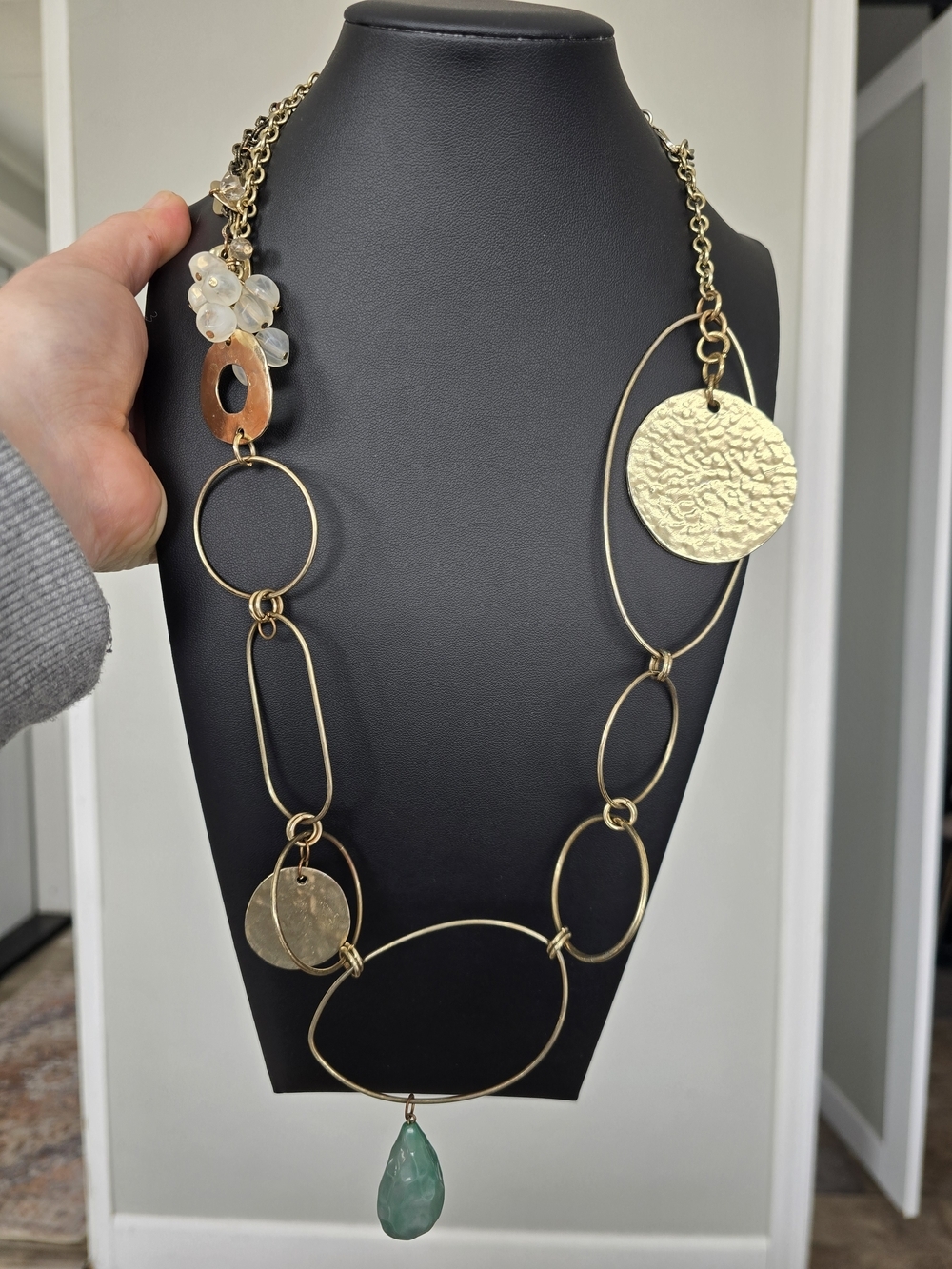 Gold-Tone Multi-Link Necklace with Green Teardrop Pendant